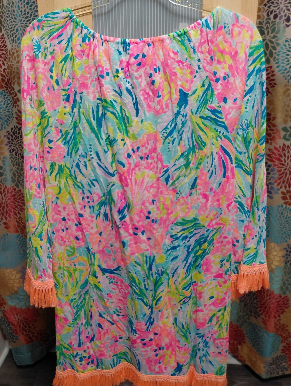 Lilly Pulitzer Pink, Blue & Green Fringe Tunic Dress Beach Sun Fun - Picture 2 of 9
